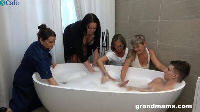 Taking a bath dude is treated with random solid BJ by mature sluts on sexyblondegirl.com